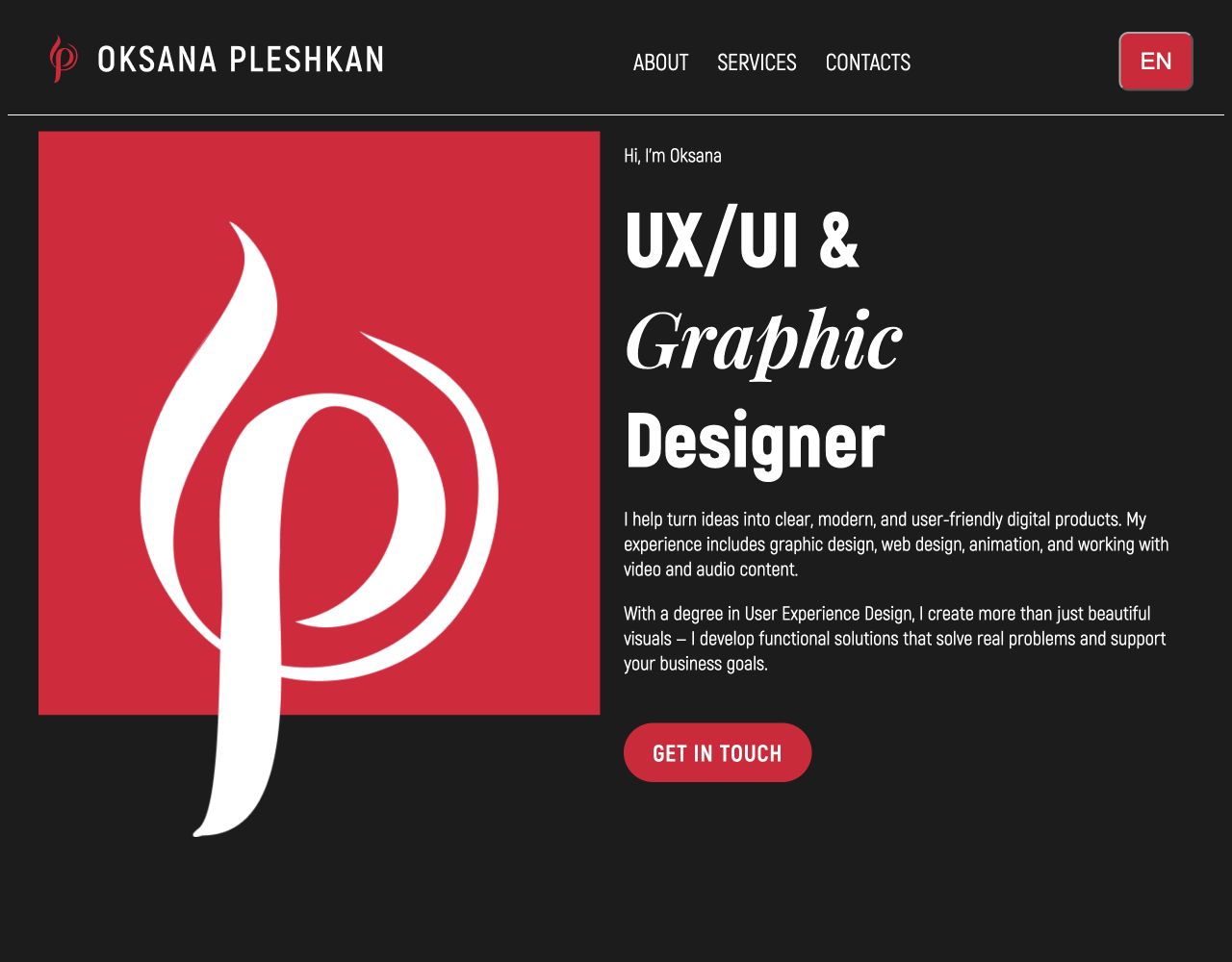 Oksana Pleshkan — personal portfolio and design services website